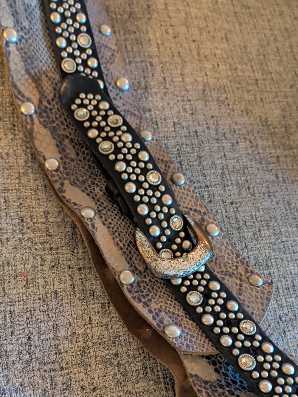 Cole Haan Black and Taupe Studded Leather Belt with Silver Buckle